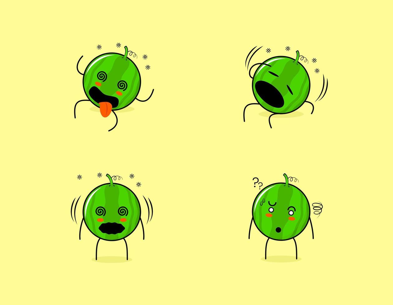 Set of cute watermelon character with dizzy expressions. suitable for emoticon, logo, symbol and mascot vector