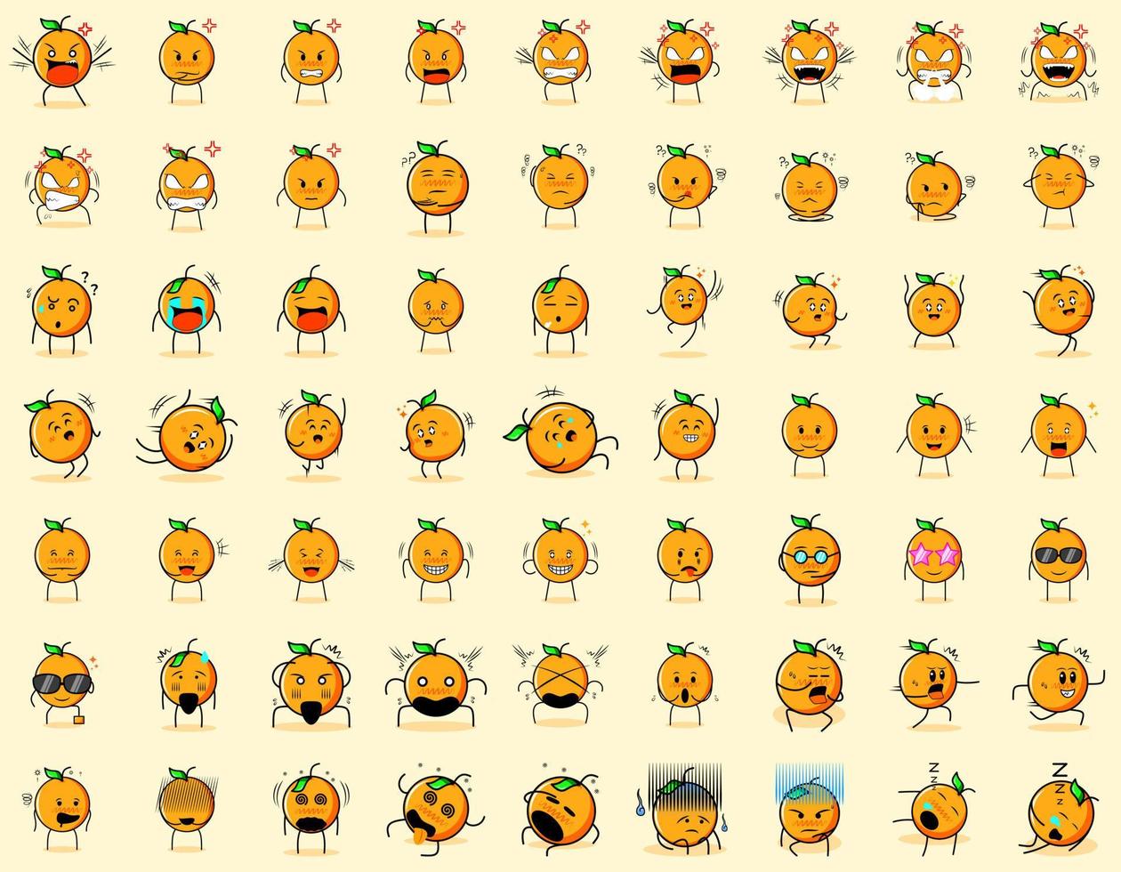 colección de lindos personajes de dibujos animados naranjas con expresión enojada, pensando, llorando, tristes, confundidos, planos, felices, asustados, conmocionados, mareados, sin esperanza, durmiendo. adecuado para emoticonos y mascotas vector