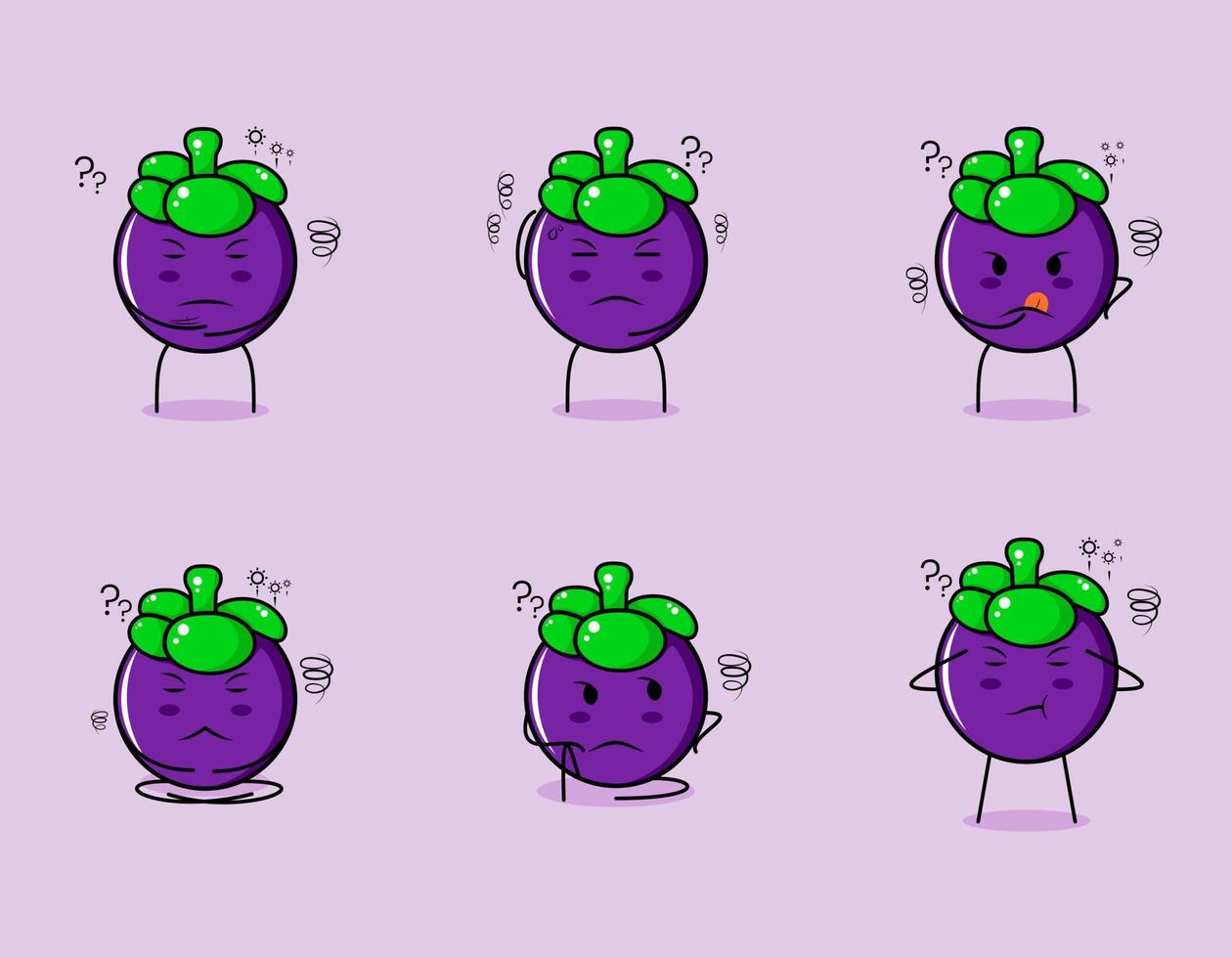 collection of cute mangosteen cartoon character with thinking expressions. suitable for emoticon, logo, symbol and mascot vector