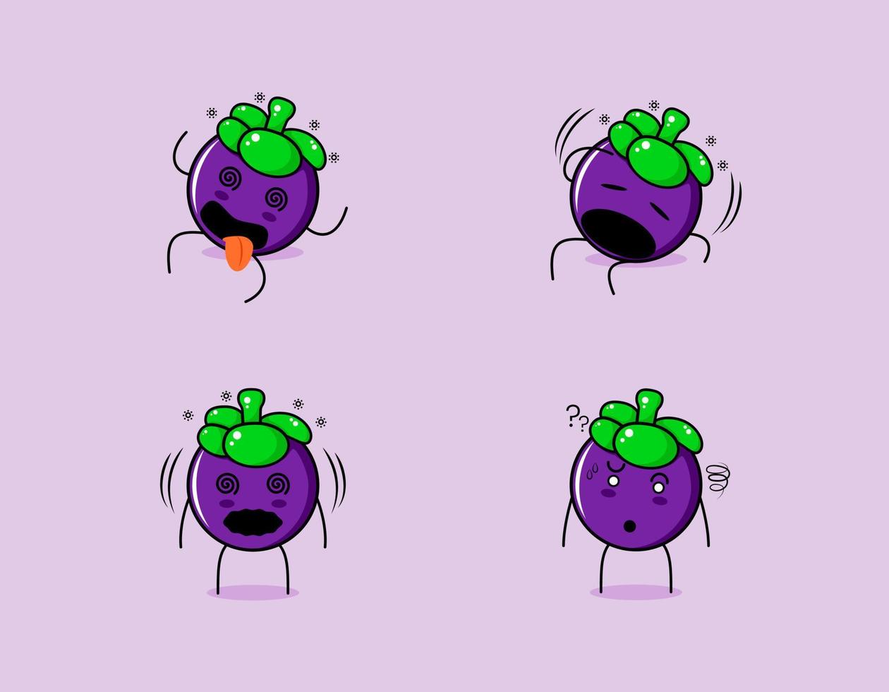 collection of cute mangosteen cartoon character with dizzy expressions. suitable for emoticon, logo, symbol and mascot vector
