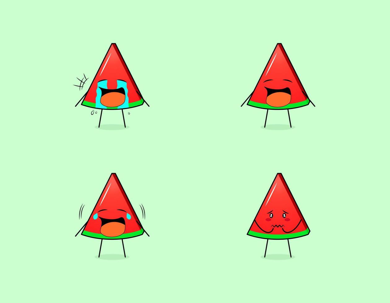 Set of cute watermelon slice character with crying and sad expressions. suitable for emoticon, logo, symbol and mascot vector