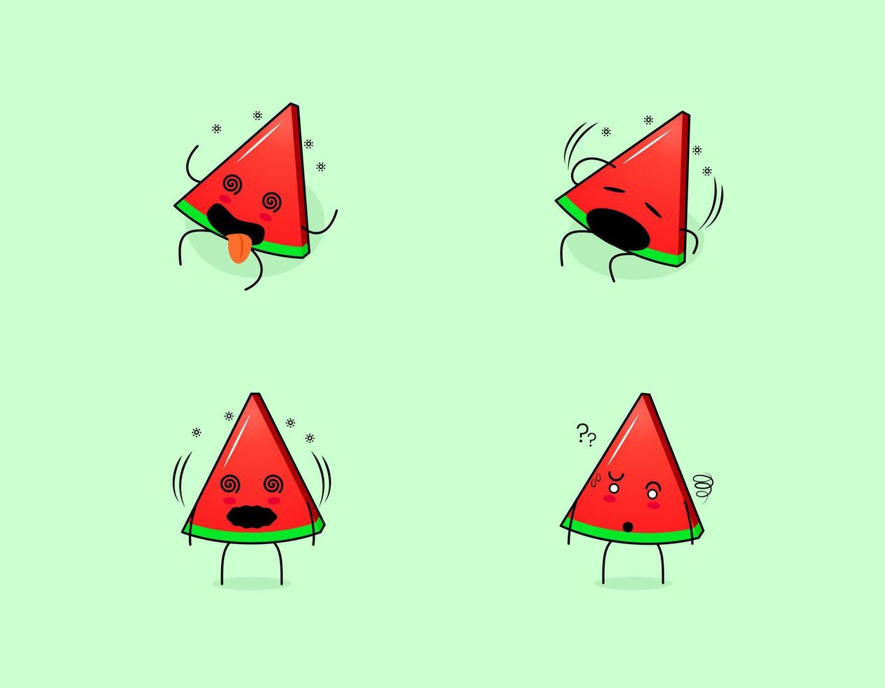 Set of cute watermelon slice character with dizzy expressions. suitable for emoticon, logo, symbol and mascot vector