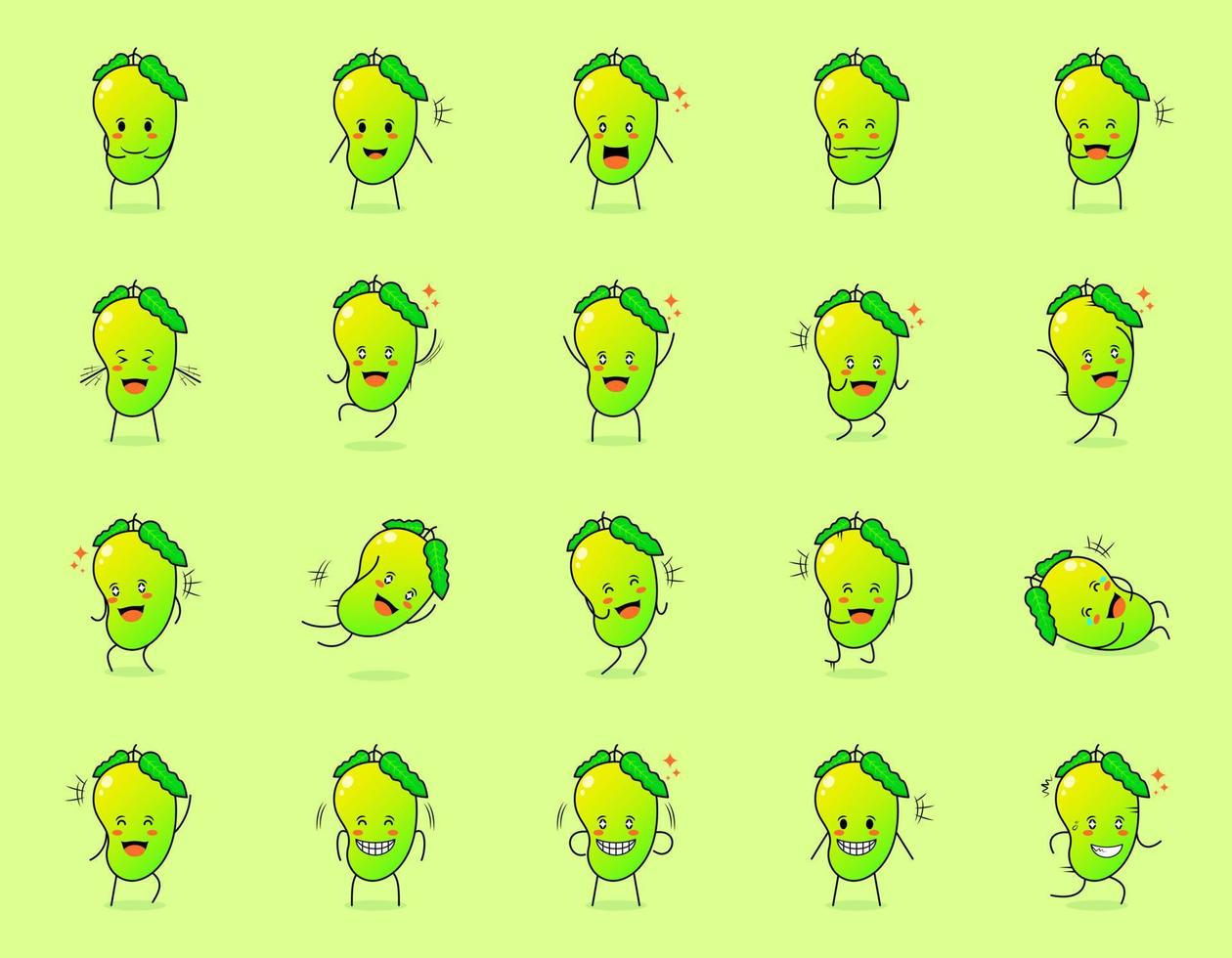 collection of cute mango cartoon character with happy and smile expression. suitable for emoticon, logo, symbol and mascot. such as emoticon, sticker or fruit logo vector