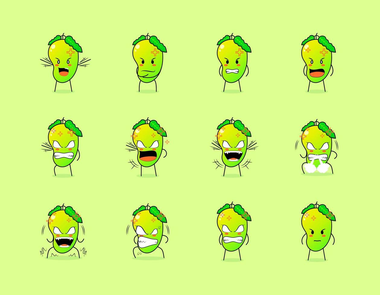 collection of cute mango cartoon character with angry expression. suitable for emoticon, logo, symbol and mascot. such as emoticon, sticker or fruit logo vector