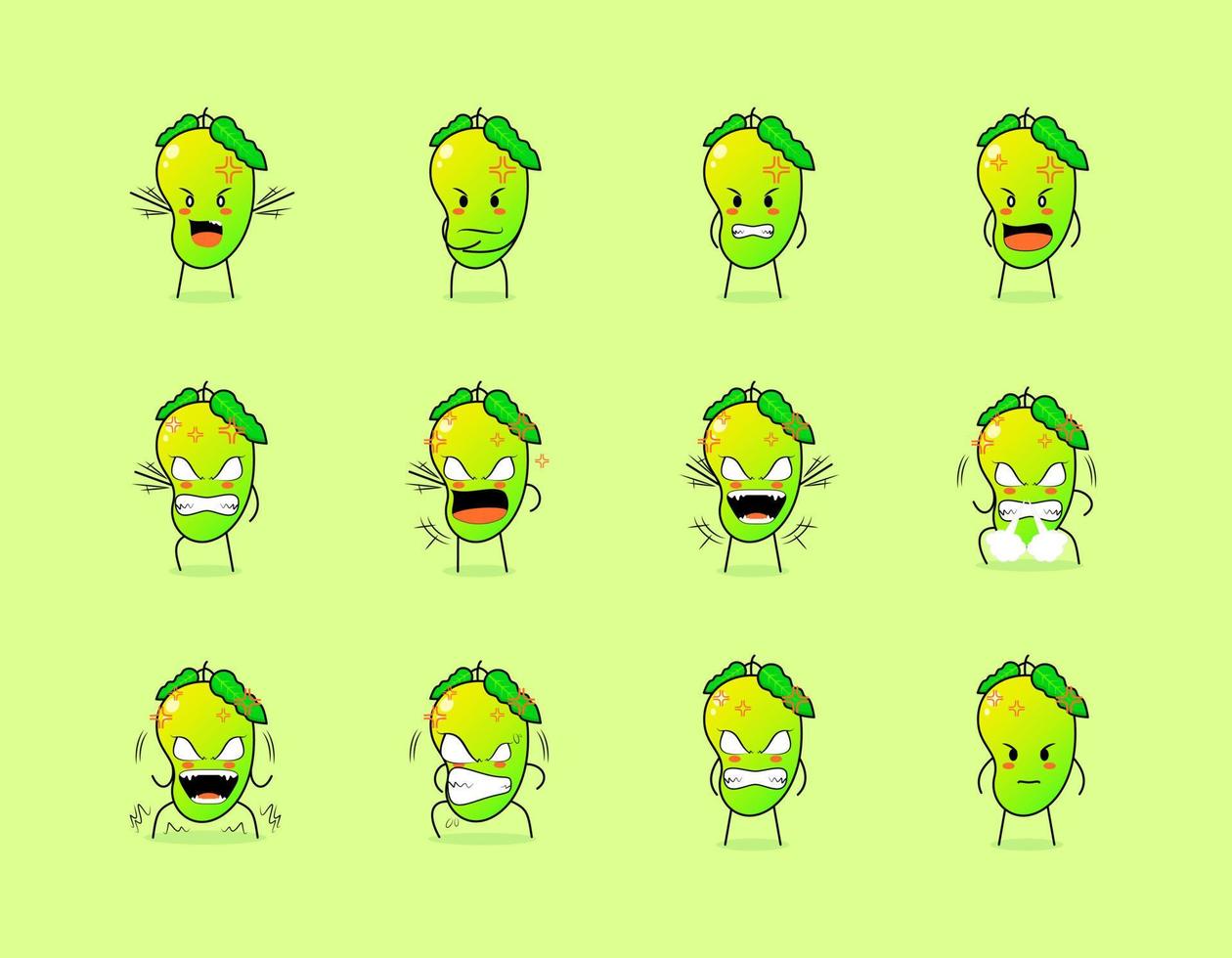 collection of cute mango cartoon character with angry expression. suitable for emoticon, logo, symbol and mascot. such as emoticon, sticker or fruit logo vector