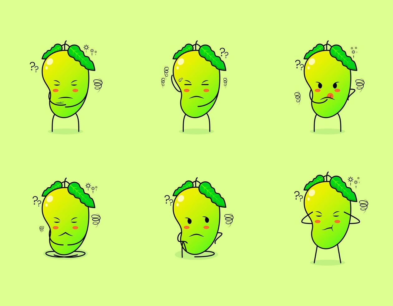 collection of cute mango cartoon character with thinking expression. suitable for emoticon, logo, symbol and mascot. such as emoticon, sticker or fruit logo vector