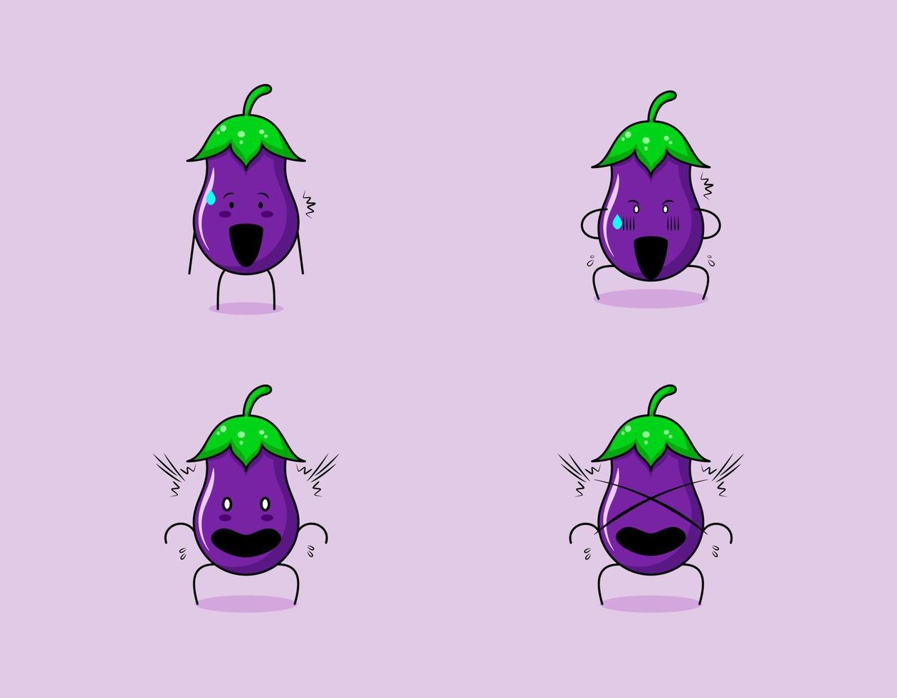 collection of cute eggplant cartoon character with shocked expression. suitable for emoticon, logo, symbol and mascot. such as emoticon, sticker or vegetable logo vector