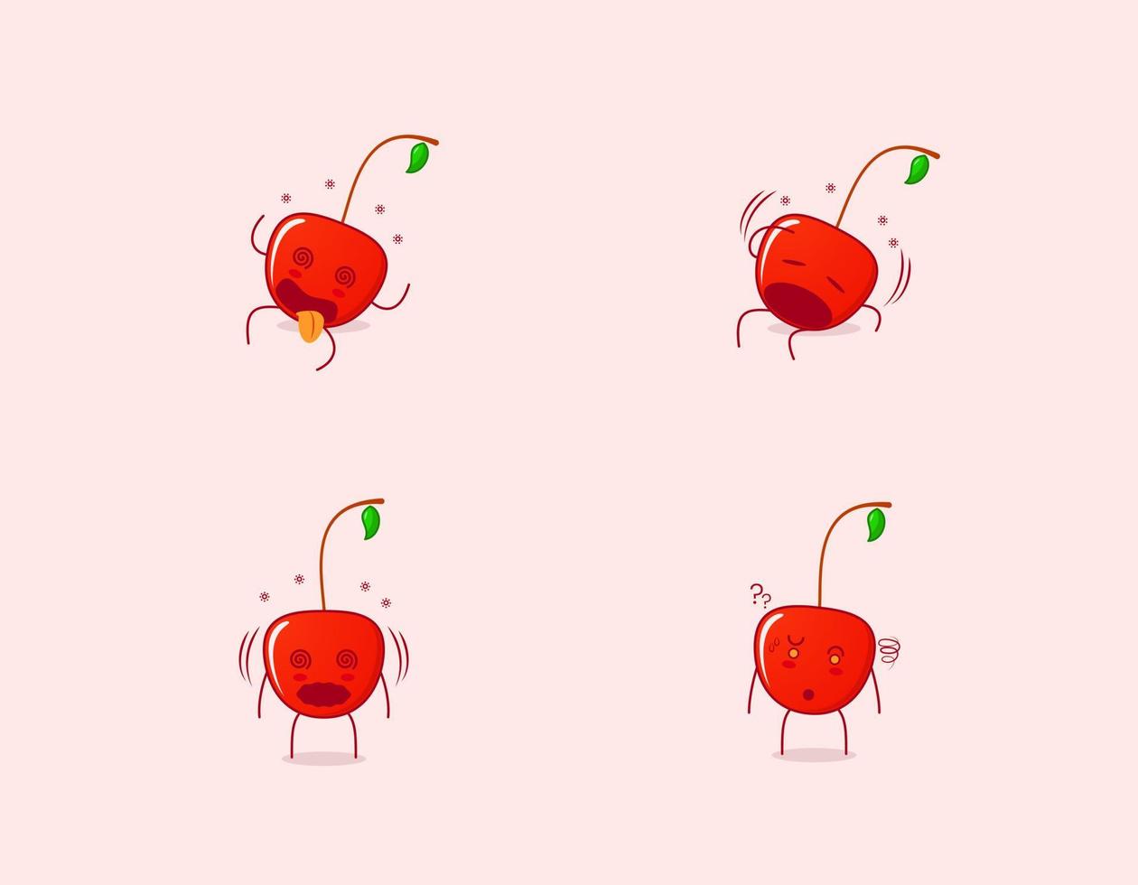 collection of cute cherry cartoon character with dizzy expression. suitable for emoticon, logo, symbol and mascot. such as emoticon, sticker or fruit logo vector