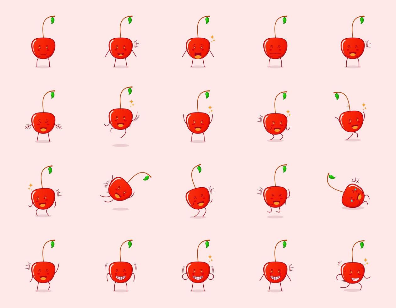 collection of cute cherry cartoon character with happy and smile expression. suitable for emoticon, logo, symbol and mascot. such as emoticon, sticker or fruit logo vector