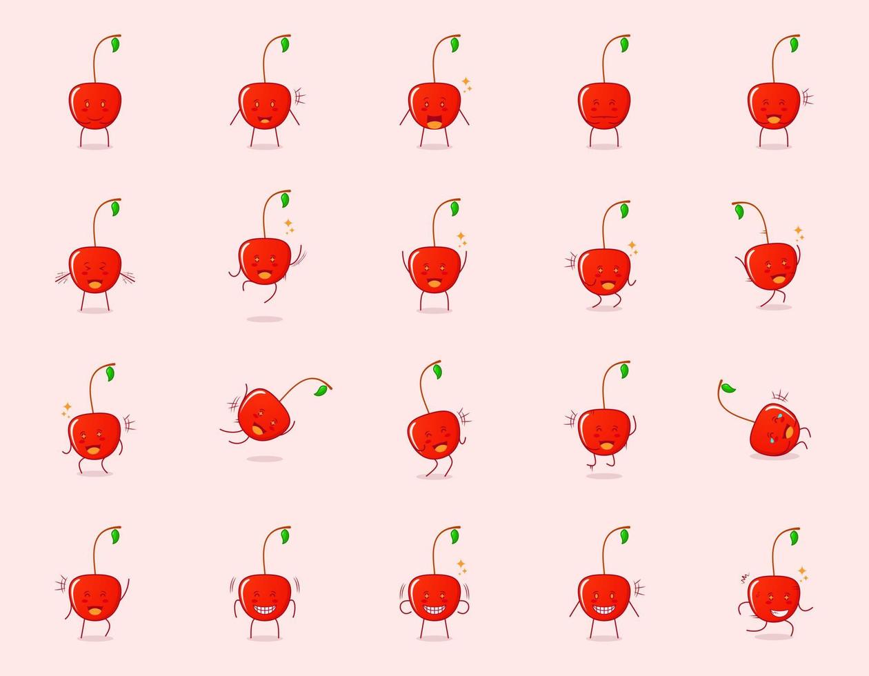 collection of cute cherry cartoon character with happy and smile expression. suitable for emoticon, logo, symbol and mascot. such as emoticon, sticker or fruit logo vector