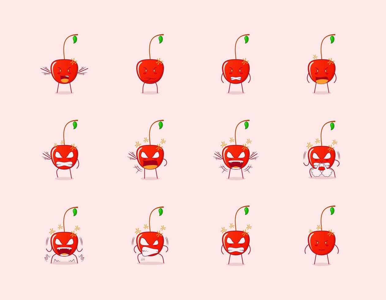 colección de lindo personaje de dibujos animados de cereza con expresión enojada. adecuado para emoticonos, logotipos, símbolos y mascotas. como emoticono, pegatina o logotipo de fruta vector