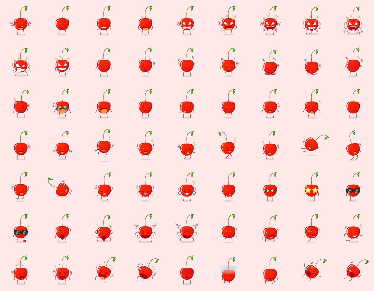 collection of cute cherry cartoon character expressions. angry, thinking, crying, sad, confused, flat, happy, scared, shocked, dizzy, hopeless, sleeping. suitable for emoticon, logo and mascot vector