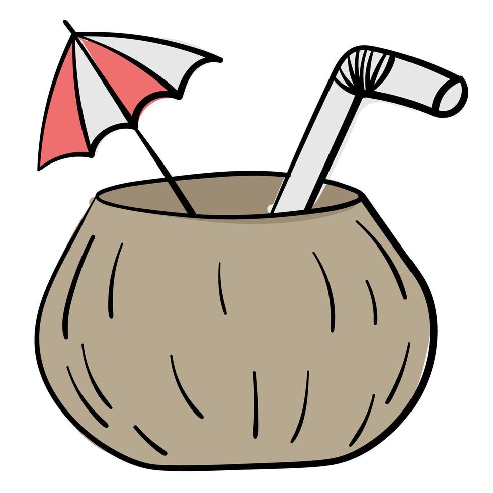 Doodle sticker cocktail in coconut with straw and umbrella vector