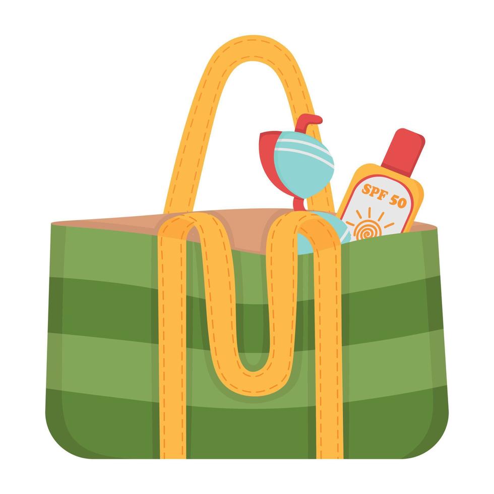 una bolsa práctica para ir a la playa o de compras. garabatear imágenes prediseñadas planas. Todos los objetos están repintados. vector