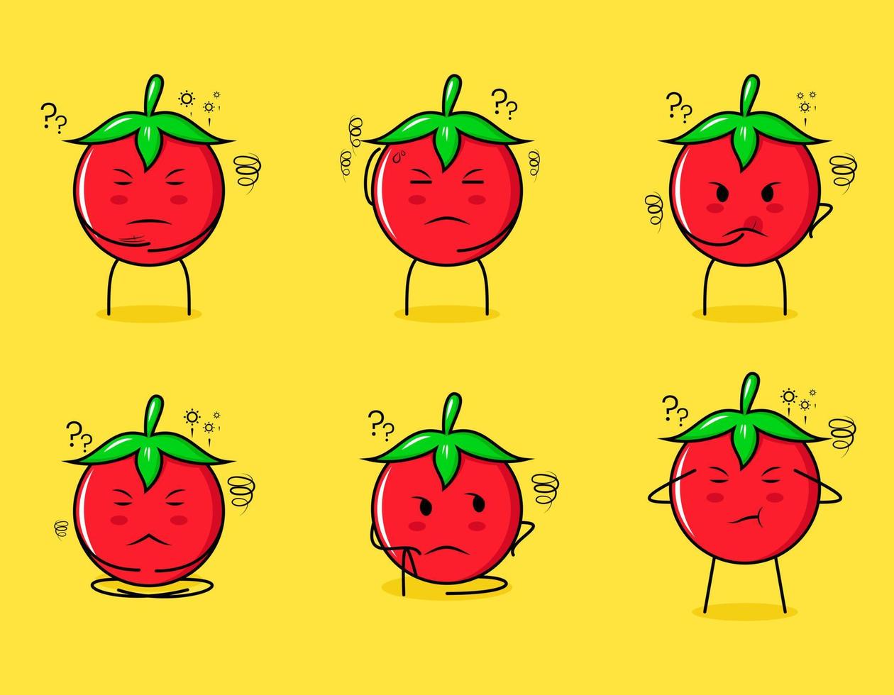 collection of cute tomato cartoon character with thinking expressions. suitable for emoticon, logo, symbol and mascot vector