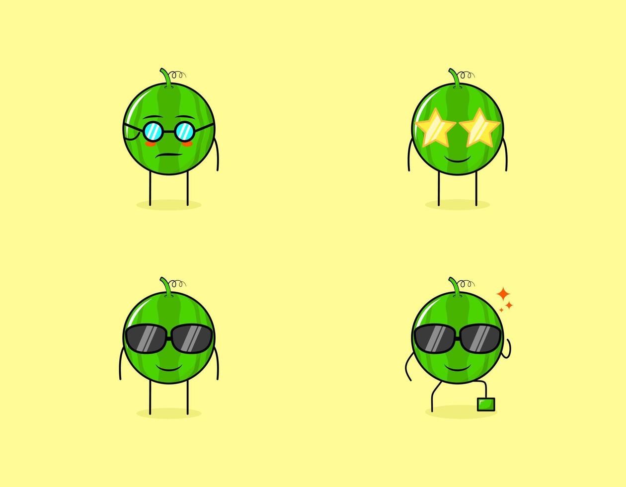 collection of cute watermelon cartoon character with serious, smile and eyeglasses expressions. suitable for emoticon, logo, symbol and mascot vector