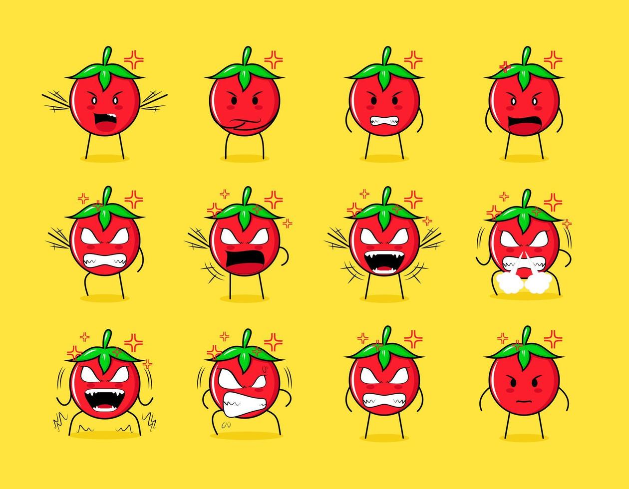 collection of cute tomato cartoon character with angry expressions. suitable for emoticon, logo, symbol and mascot vector