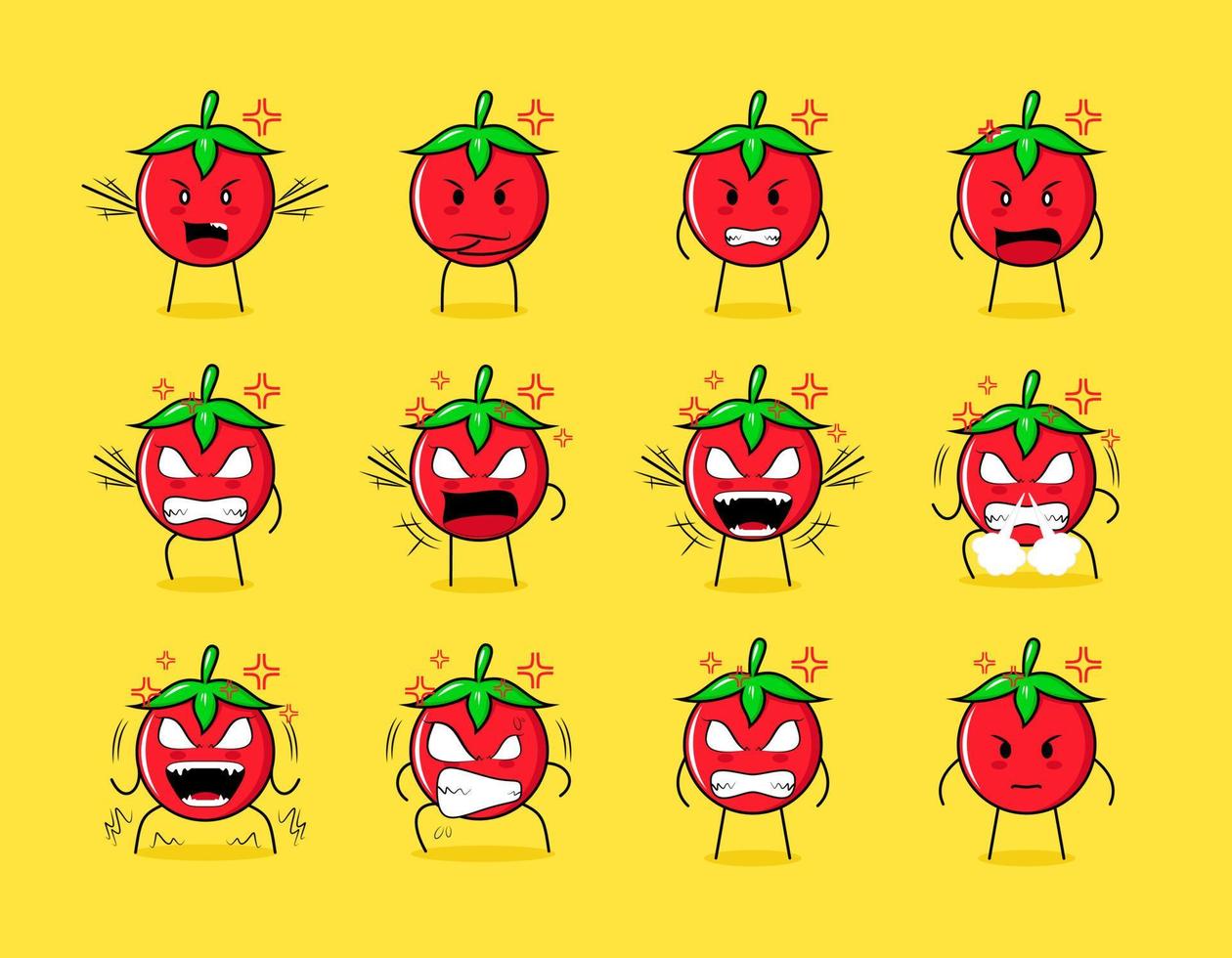 colección de lindos personajes de dibujos animados de tomate con expresiones enojadas. adecuado para emoticonos, logotipos, símbolos y mascotas vector