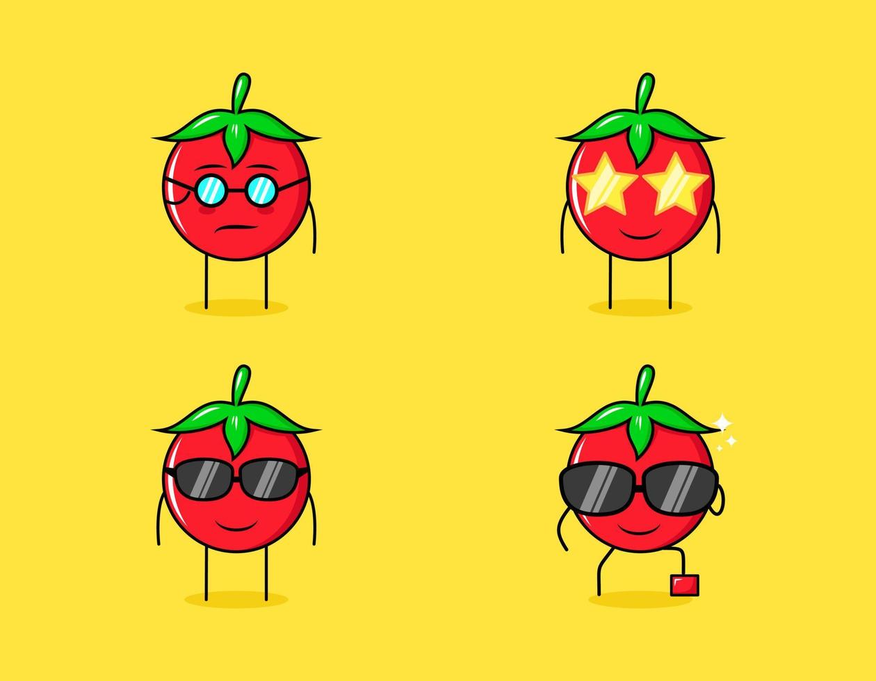 colección de lindos personajes de dibujos animados de tomate con expresiones serias, sonrientes y anteojos. adecuado para emoticonos, logotipos, símbolos y mascotas vector