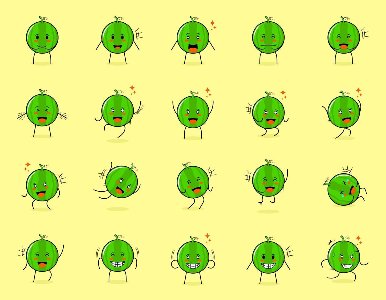 collection of cute watermelon cartoon character with happy and smile expressions. suitable for emoticon, logo, symbol and mascot vector