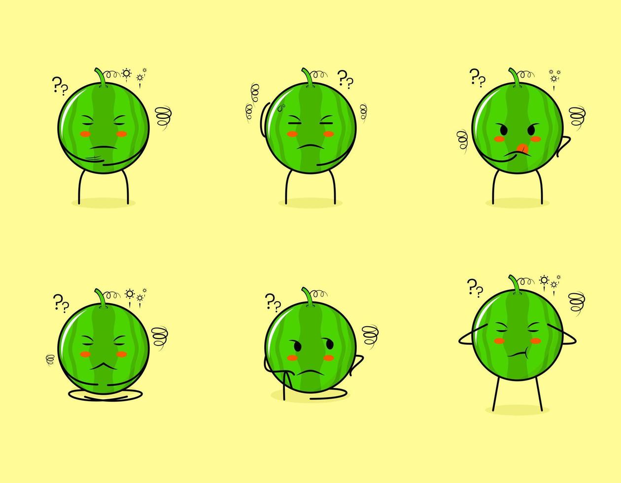 collection of cute watermelon cartoon character with thinking expressions. suitable for emoticon, logo, symbol and mascot vector