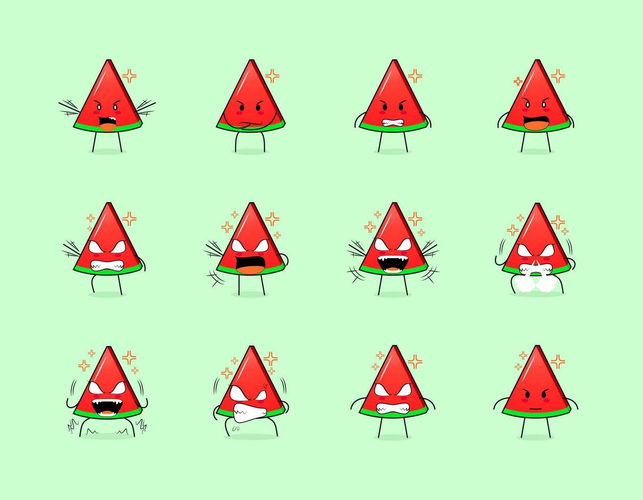 Set of cute watermelon slice character with angry expressions. suitable for emoticon, logo, symbol and mascot vector