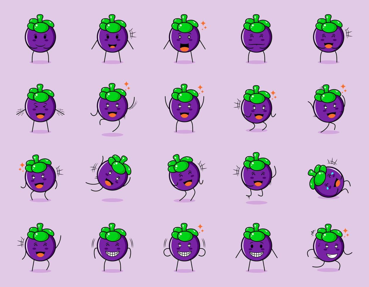 collection of cute mangosteen cartoon character with happy and smile expressions. suitable for emoticon, logo, symbol and mascot vector