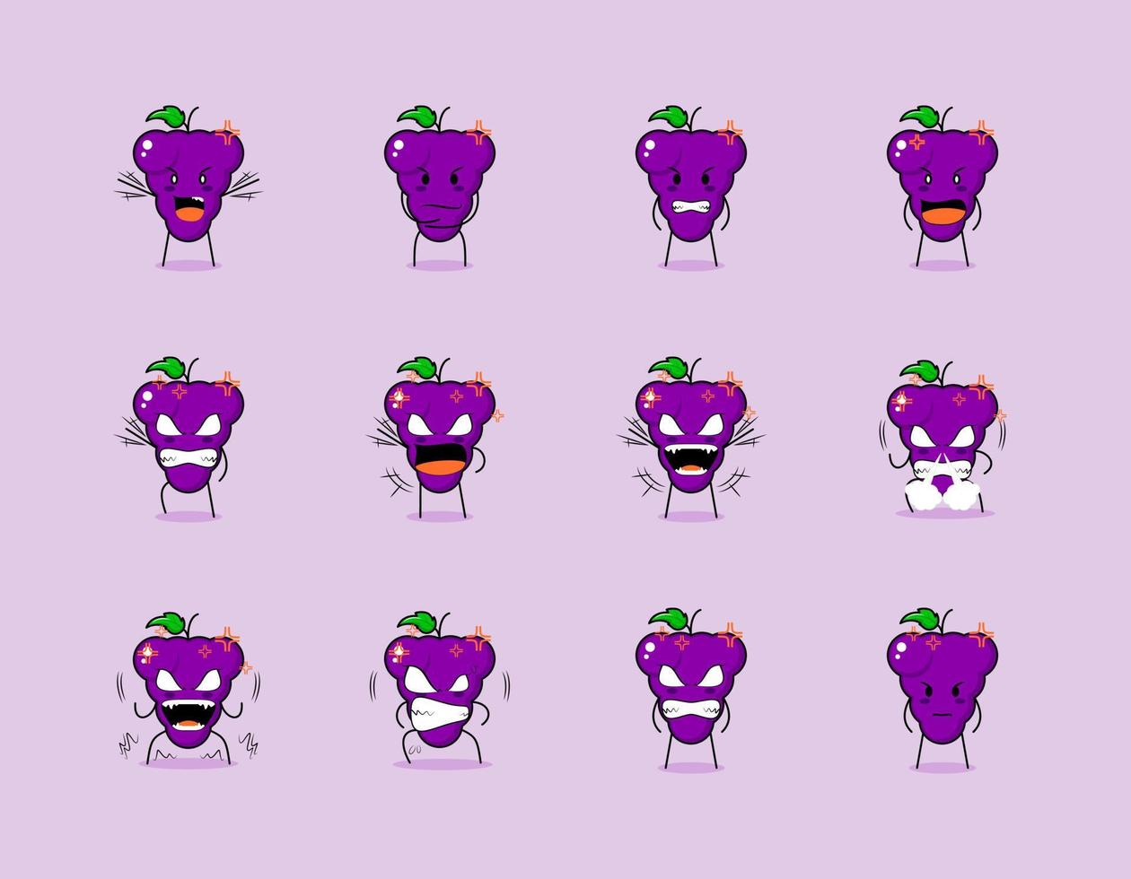 colección de lindo personaje de dibujos animados de uva con expresión enojada. adecuado para emoticonos, logotipos, símbolos y mascotas. como emoticono, pegatina o logotipo de fruta vector