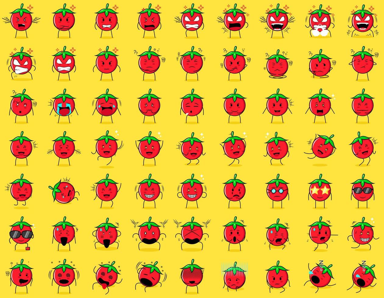 collection of cute tomato cartoon character with angry expression, thinking, crying, sad, confused, flat, happy, scared, shocked, dizzy, hopeless, sleeping. suitable for emoticon and mascot vector