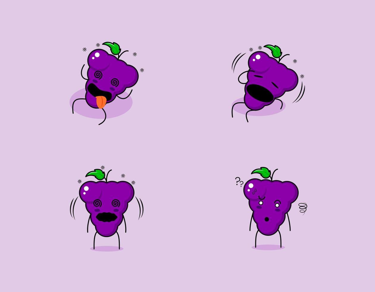 collection of cute grape cartoon character with dizzy expression. suitable for emoticon, logo, symbol and mascot. such as emoticon, sticker or fruit logo vector