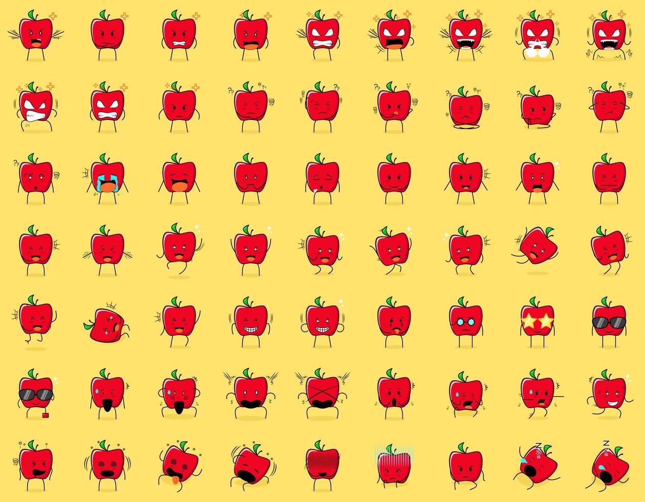 conjunto de lindo personaje de manzana roja con expresión enojada, pensando, llorando, triste, confundido, plano, feliz, asustado, conmocionado, mareado, sin esperanza, durmiendo. adecuado para emoticonos y mascotas vector