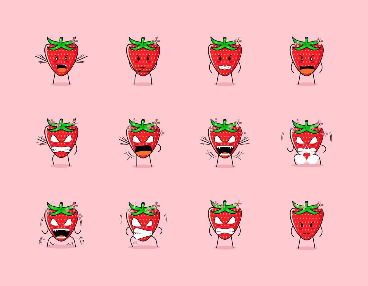 Set of cute strawberry cartoon character with angry expression. suitable for emoticon, logo, symbol and mascot vector