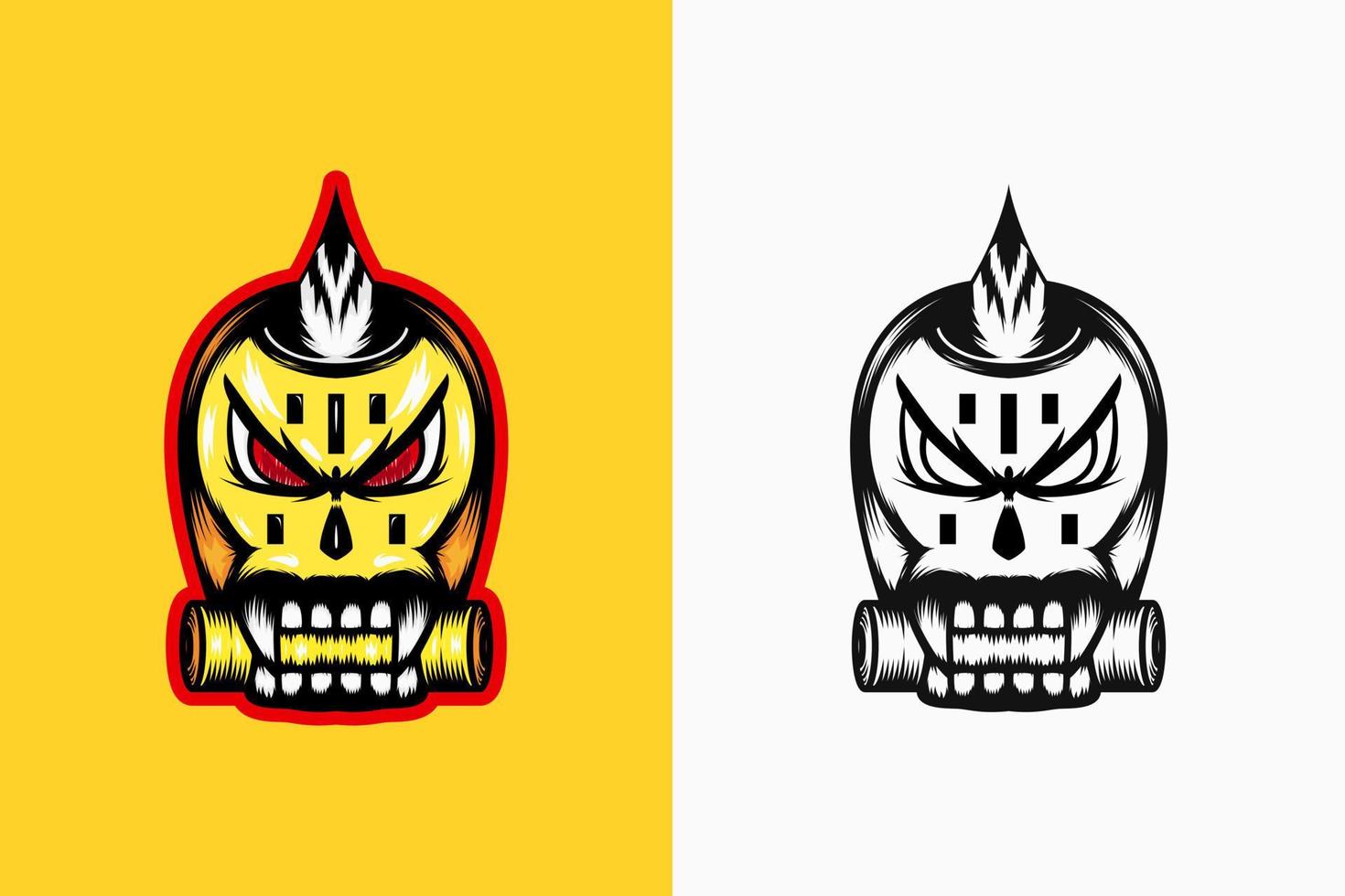yellow skull monster with fangs and red eyes. color, detiled and line art style. suitable for mascot, logo, symbol and t-shirt design vector