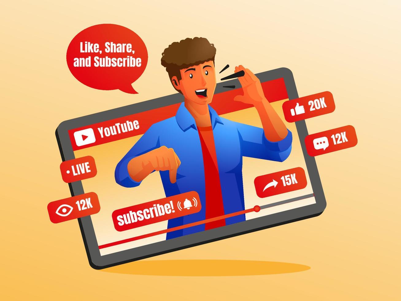 a man becomes a video influencer inviting viewers to like, share and subscribe vector