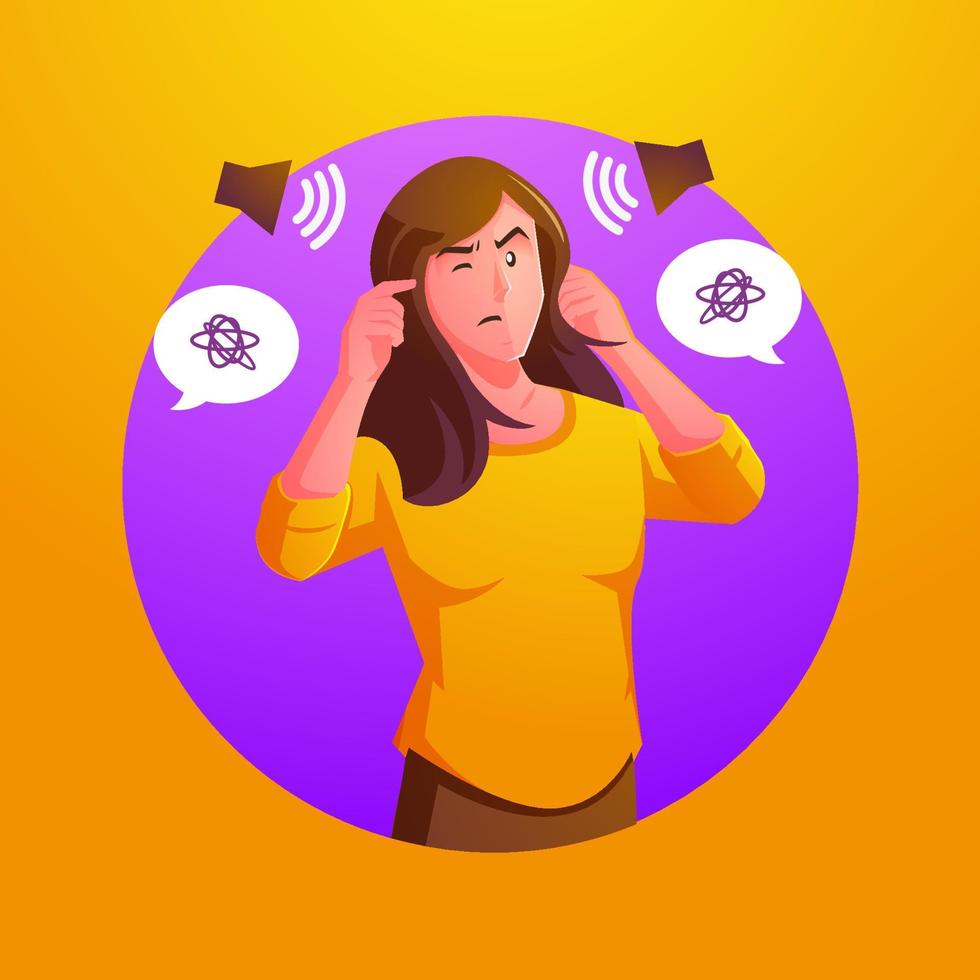 una mujer con ambas manos tapándose los oídos para protegerlos de sonidos incómodos, fuertes y perturbadores vector