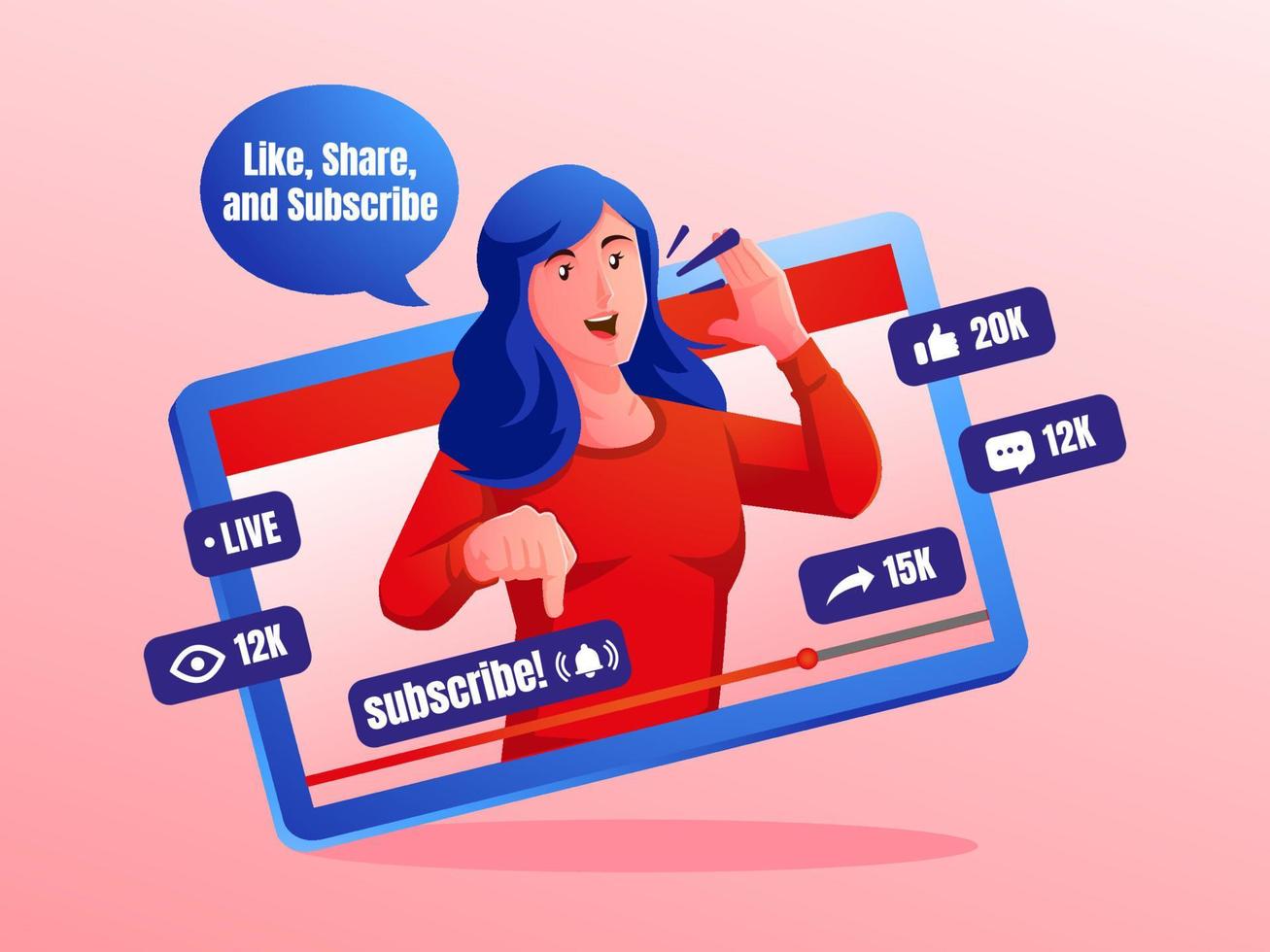 a woman becomes a video influencer inviting viewers to like, share and subscribe vector