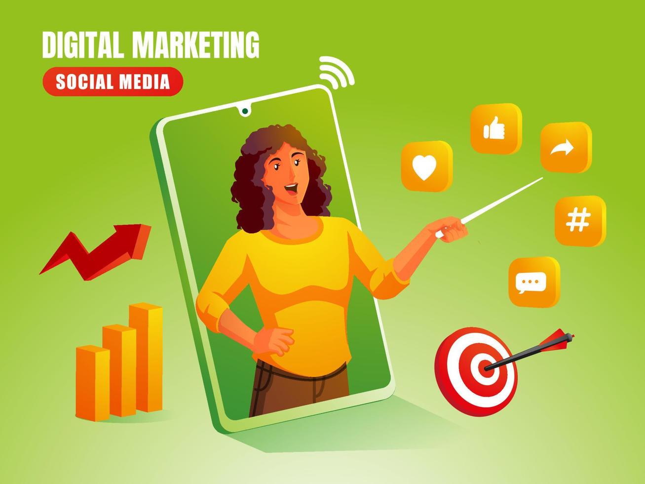 una mujer explica sobre marketing digital en redes sociales con logotipos de redes sociales y diagramas gráficos vector