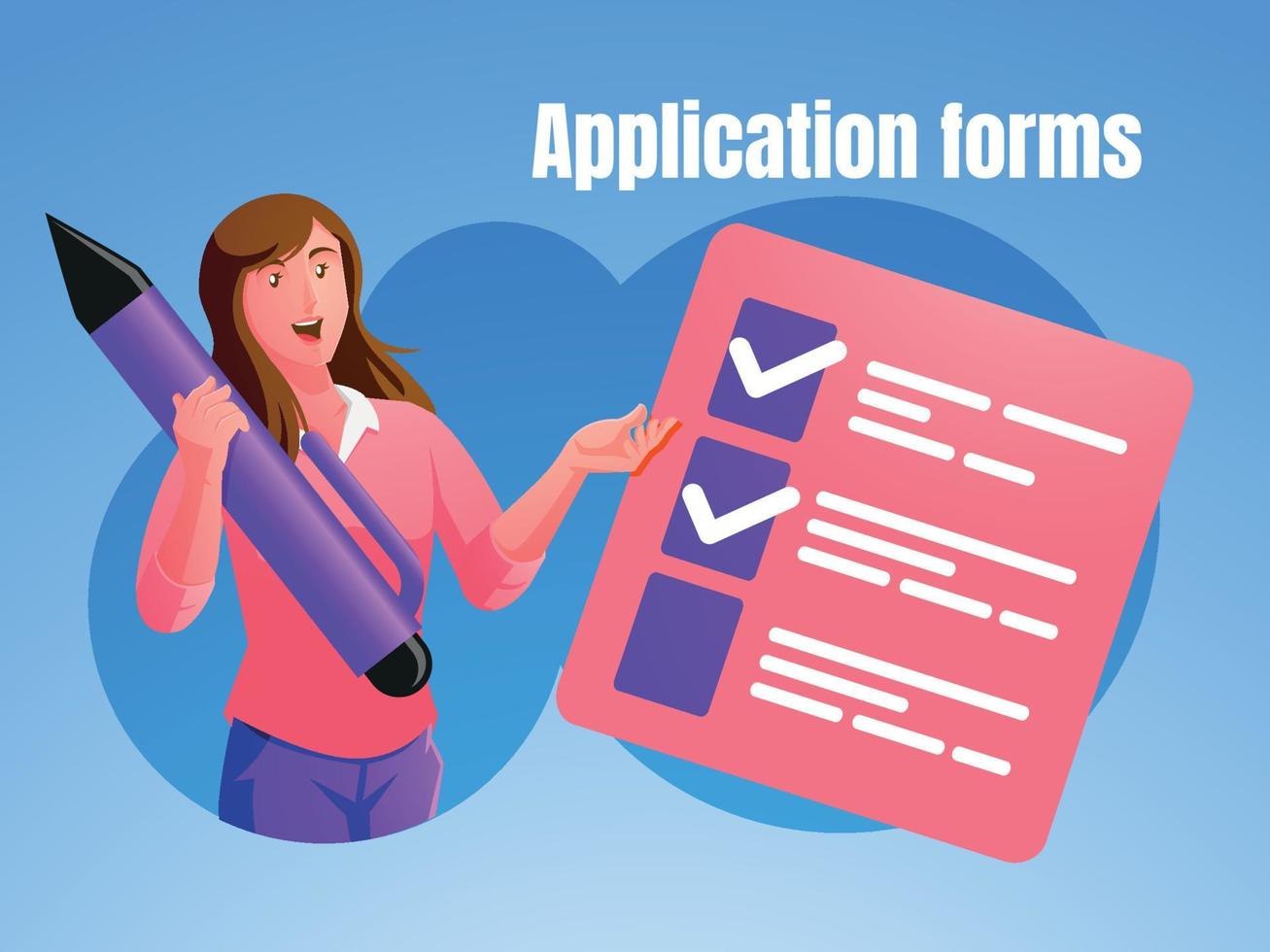 a woman holding a pen application forms concept vector