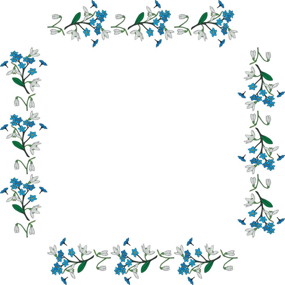 Square frame with snowdrops and flowers forget-me-not. Isolated wreath on white background for your design vector