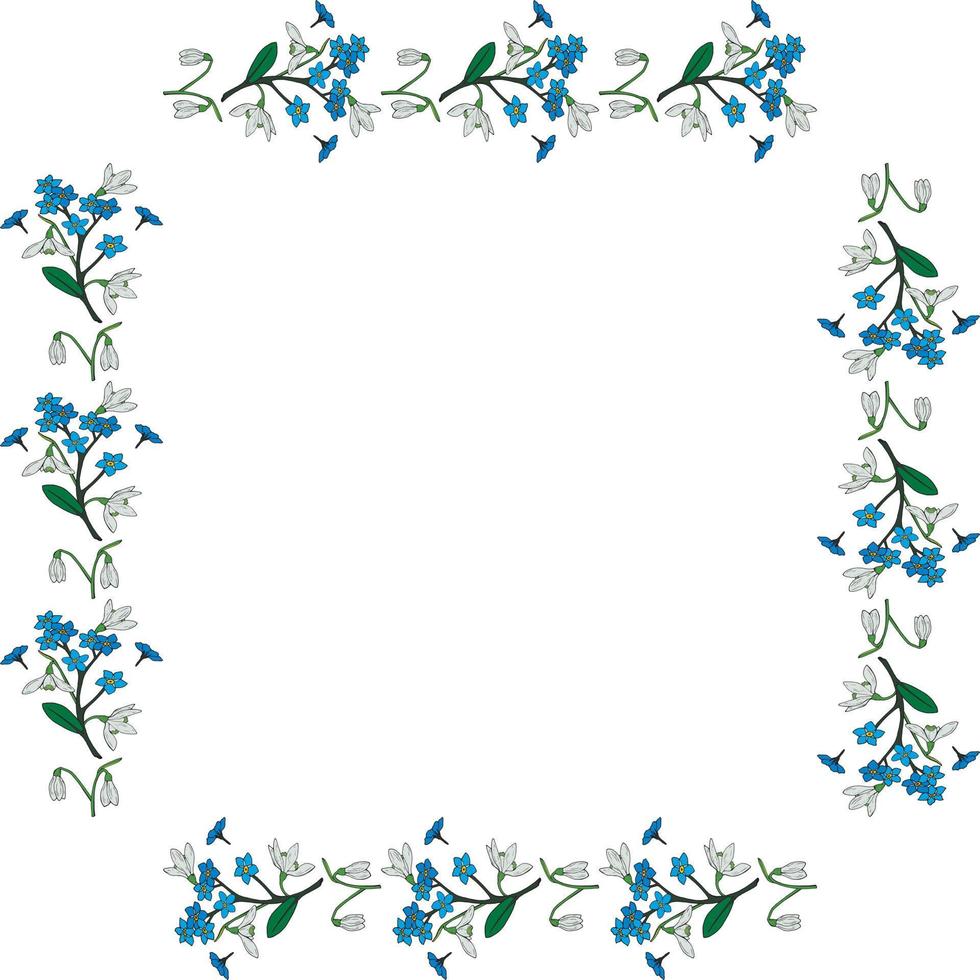 Square frame with snowdrops and flowers forget-me-not. Isolated wreath on white background for your design vector