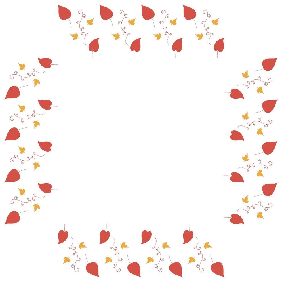 Square frame with vertical red leaves, decorative elements and little yellow leaves on white background. Isolated wreath for your design. vector
