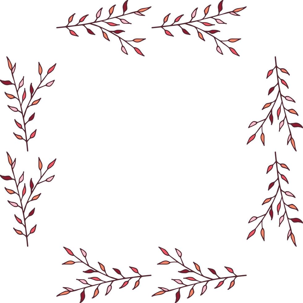 Square with horizontal red and pink leaves on a branch. Vector on white background for your design.