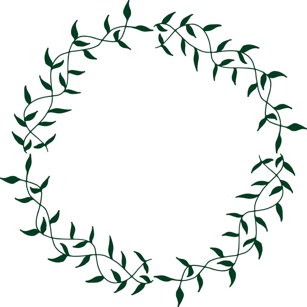 Round frame with interesting cute green branches on white background. Vector image.