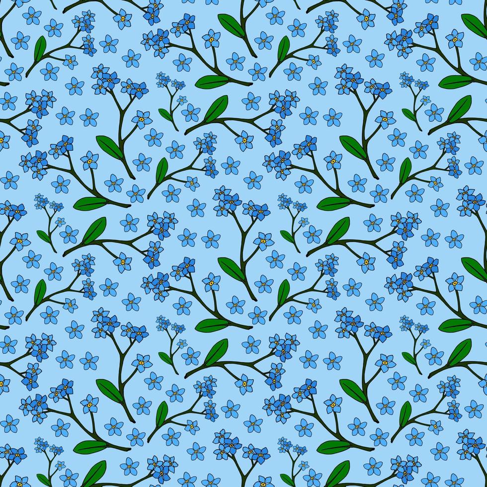 Seamless pattern with fascinating flowers forget-me-not on light blue background.  Vector image.
