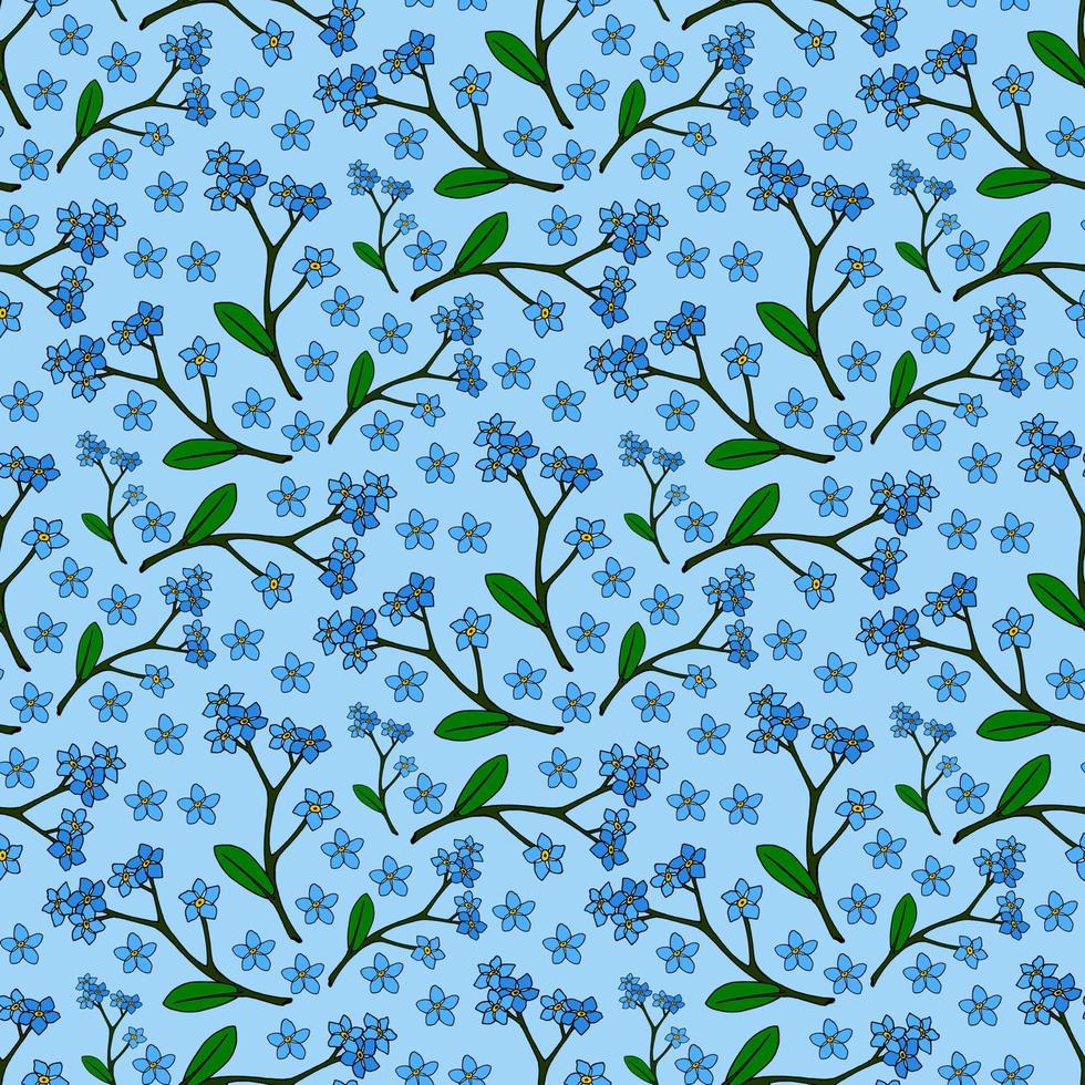 Seamless pattern with fascinating flowers forget-me-not on light blue background.  Vector image.