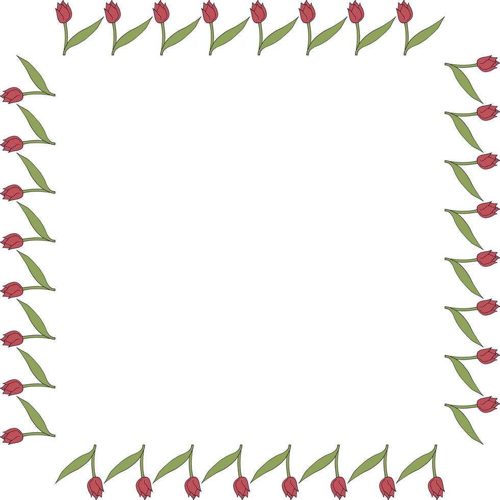 Square frame with vertical bright pink tulips on white background. Vector image.