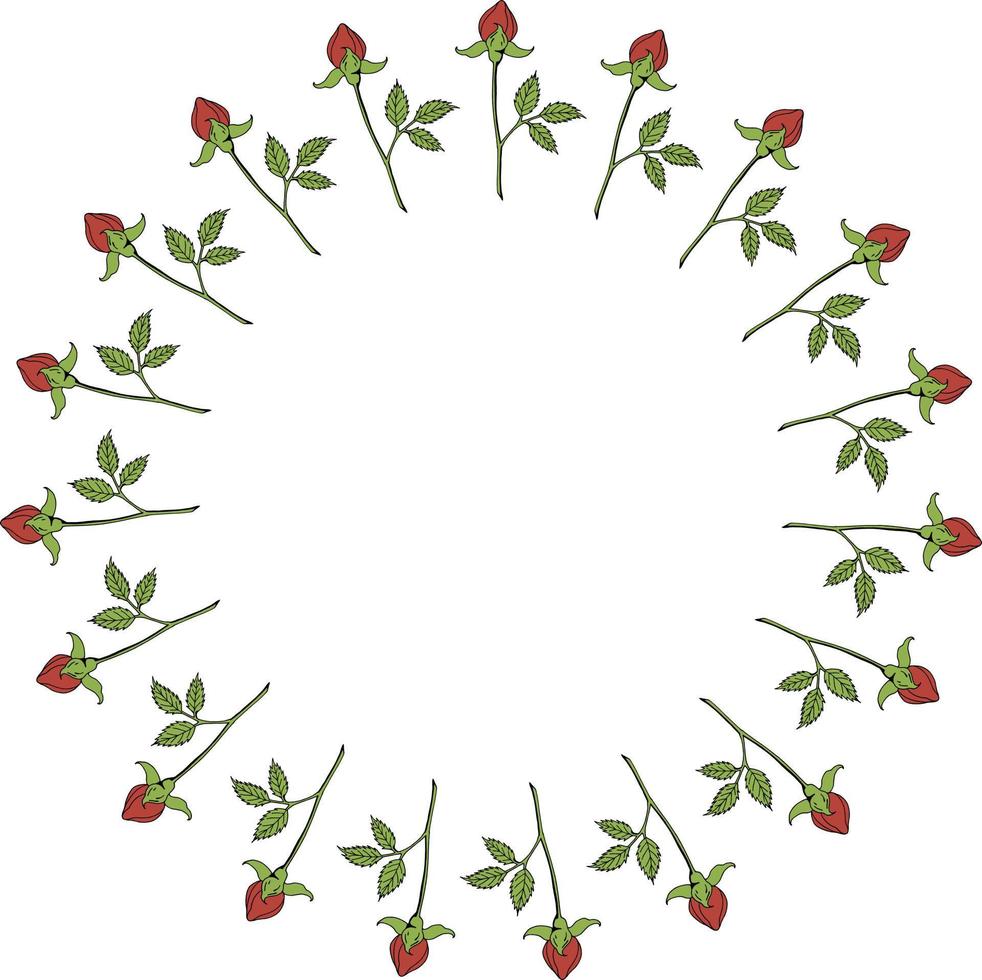 Round frame with vertical red rose buds on white background. Vector image.