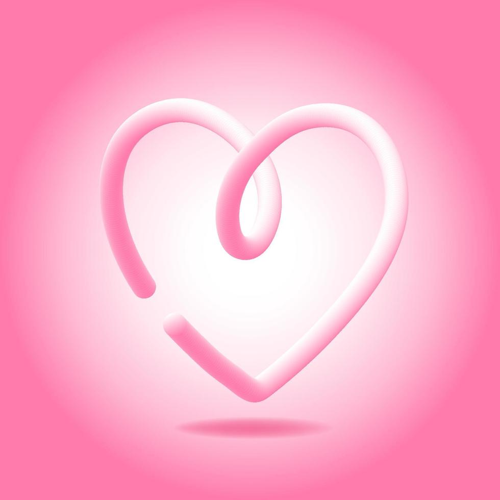 Vector illustration of realistic pink heart on white isolated background. Pink 3d heart, hand-drawn with volumetric line. Volumetric heart figure, symbol of love, valentine's day, holiday decoration