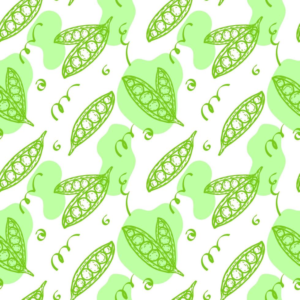 Seamless pattern of green peas and spots, hand-drawn doodle-style elements. Vegetables. Abstract spots in pastel green. Green peas vector