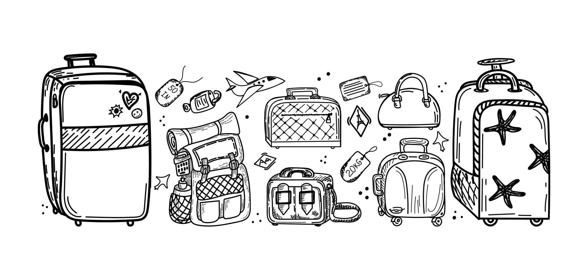 conjunto de diferentes tipos de equipaje, garabato dibujado a mano en estilo boceto. ilustración vectorial maleta grande y pequeña, bolso pequeño, equipaje de mano, valija, etiquetas. accesorios. avión. bosquejo vector
